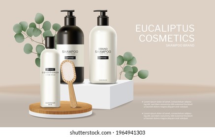 El cuidado del cabello pone el vector cosmético realista. champú, aceite, mantequilla y acondicionador. La ubicación del producto se burla