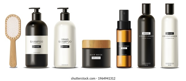 Hair Care Set Cosmetics Vector Realistic. Shampoo, Oil, Butter And Conditioner. Product Placement Mock Up