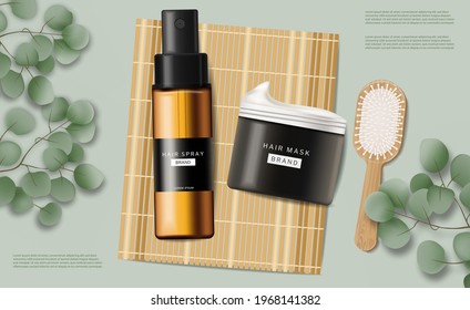 Hair care set cosmetics vector realistic. Shampoo and butter mask. Product placement mock up