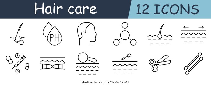 Hair care set icon. Follicle, ph, profile, molecule, root, elasticity, pill, dna, magnifier, dropper, scissors, stick