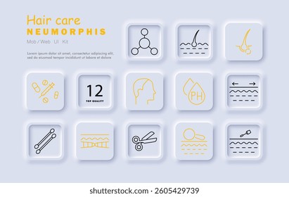 Hair care set icon. Molecule, scalp, follicle, profile, ph level, elasticity, treatment, DNA, scissors, serum, strand, layers