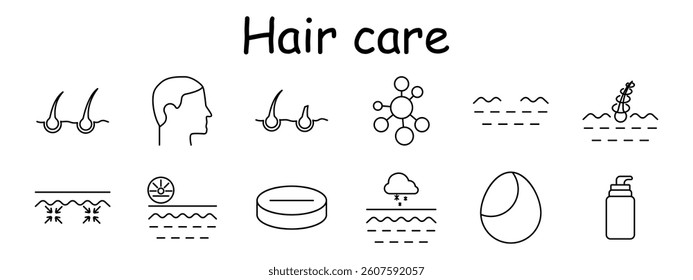Hair care set icon. Roots, head, hairline, molecular formula, dryness, curl, tension, sun, cold, balm, bottle, product. Scalp balance, moisture, protection.