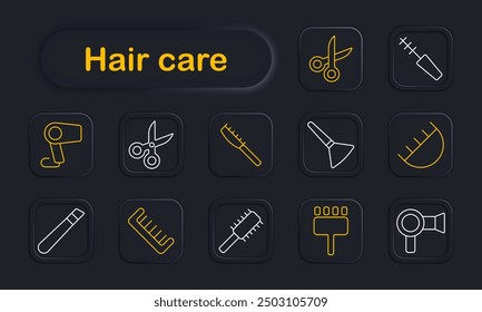 Icono de conjunto de cuidado del cabello. Tijeras, peine, cepillo, secador, plancha de pelo, cortadora, aseo, peinado, salón, belleza, higiene, herramientas, corte de pelo, secador de pelo, peluquería, cuidado personal, equipo.