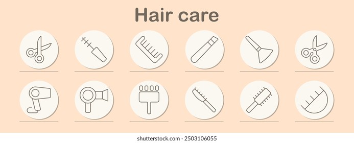 Icono de conjunto de cuidado del cabello. Tijeras, puntas abiertas, peine, enderezadora, cepillo, secador, cortadoras, peinado, aseo, belleza, salón, peluquería, herramientas, cuidado personal, higiene, equipo, moda