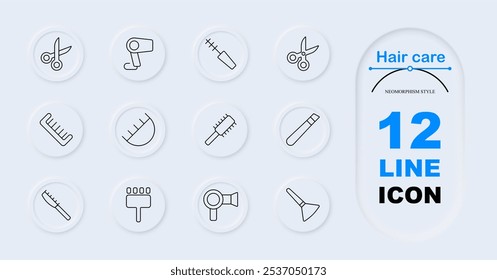 Haarpflege-Set-Symbol. Schere, Haartrockner, Wimperntusche, Kamm, Haarrolle, Rundbürste, elektrische Bürste, Eisen, Fön, Richtapparat, Rasierer, Haarwerkzeuge. Friseur, Salon-Werkzeuge