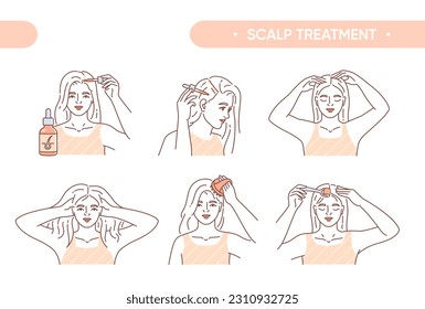 Hair care set. Massage instructions for beauty treatments to stimulate growth. Girl applies serum to follicles and scalp. Beauty routine. Linear flat vector collection isolated on white background