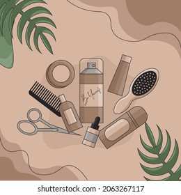 Hair care set: scissors, hair spray, comb, gel, muse, shampoo. Flat cartoon style design.