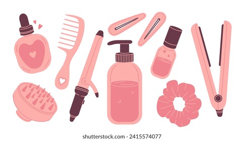 hair care set. hair styling products set.curler and hair straightener. Shampoo, comb, massage brush, hair pins, scrunchy, perfume