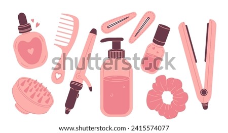 hair care set. hair styling products set.curler and hair straightener. Shampoo, comb, massage brush, hair pins, scrunchy, perfume