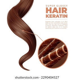 Hair care. Shampoo, moisture, keratin treatment ad banner of vector 3d healthy strong brown strand or lock with close up diagram of hair shaft structure with cuticle and magic glow shiny swirls