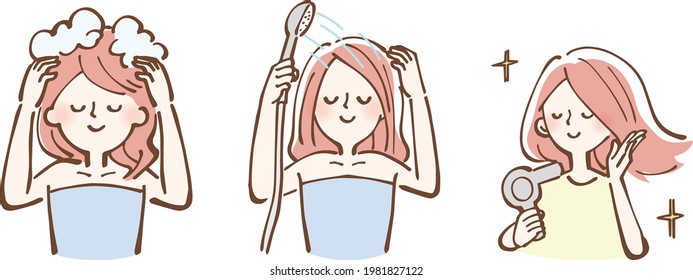 Hair Care Shampoo Women Illustration Set