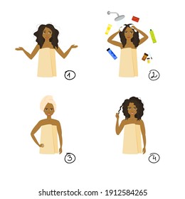 Hair care stages. A beautiful dark-skinned girl in a towel is washing and styling her hair. Vector concept in cartoon style.