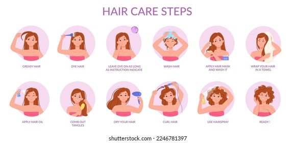 Hair care steps. Hairs treatment tutorial wash dry blow dryer step brunette dye process woman apply masks brushes oil conditioner for beautiful hairstyle swanky vector illustration of hair care