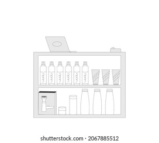 Hair Care Store Corner. Cosmetic Section With Conditioners, Shampoo And Hair Treatment. Counter. Vector Illustration