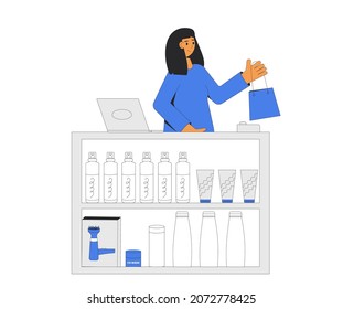 Hair Care Store Corner. Cosmetic Section With Conditioners, Shampoo And Hair Treatment. Seller With Shopping Bag Standing At The Counter. Vector Illustration