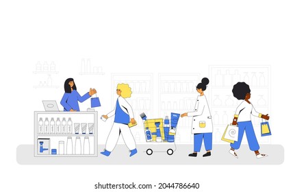 Hair care store. Cosmetic section with conditioners, shampoo and hair treatment. People in a shop buying tools and hair cosmetics products for wavy, curl, coils, afro hairstyles. Vector illustration