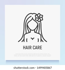 Hair care thin line icon: girl with long hair and flower. Logo for beauty salon. Modern vector illustration.