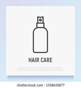 Hair care thin line icon. Cosmetic treatments in bottle with spray. Modern vector illustration for beauty shop.