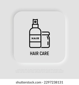 Hair care thin line icon. Cosmetic treatments in glass bottle with spray. Modern vector illustration for beauty shop.