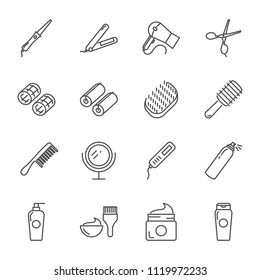 Hair care and tools vector icons set outline style