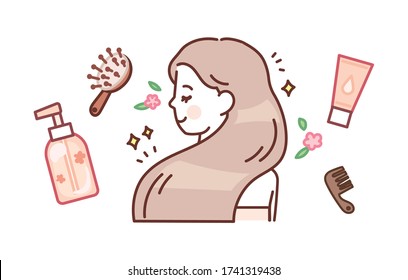 Hair care, treatment concept illustration. Shampoo, hair oil, comb, long hair women. Cute illustration.