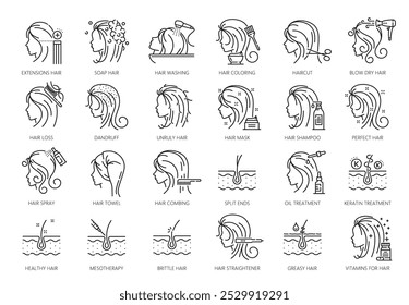 Iconos del cuidado y del tratamiento del pelo del salón de belleza de la mujer del Vector fijados. Champú de línea fina, acondicionador de tinte, cepillo, peine y toalla. Esquema de la cabeza de la mujer con el pelo de la salud, folículo, caspa y símbolos de corte de pelo