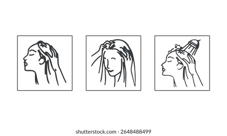 Cuidados com o cabelo e ícones de tratamento de mulher vetor salão de beleza set. Xampu de linha fina, condicionador de tinta, Contorno da cabeça da mulher com cabelo saudável,