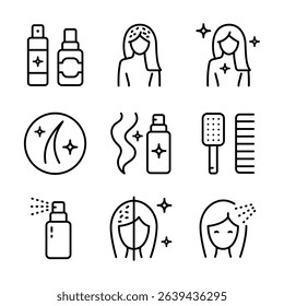 Hair care and treatment line icons set of vector woman beauty salon. Dry shampoo, conditioner. Woman health hair care symbols. Outline vector signs for web design isolated on white background.
