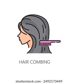 Hair care and treatment outline color icon. Hair health treatment linear sign, beauty product or spa salon cosmetics thin line vector pictogram or symbol with woman combing hair