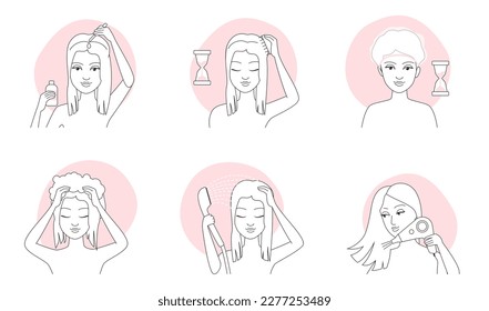 Los pasos de cuidado y tratamiento del pelo con los iconos de la línea delgada de la aplicación del aceite configuran la ilustración del vector. El contorno de caracteres femeninos aplican aceite en el cabello y el cuero cabelludo, masaje con peine, lavado con agua y champú