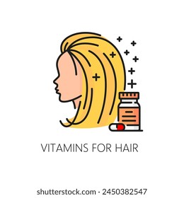 Hair care vitamins color line icon for hair beauty treatment and nutrition, outline vector. Woman head and vitamins icon for dry hair, hair loss or dandruff treatment for healthy follicles and growth