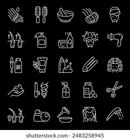 Hair care, white line icons. Improving, strengthening, trimming, and using shampoo and conditioner. Essential for beauty and wellness themes. Symbols on black background. Editable stroke.