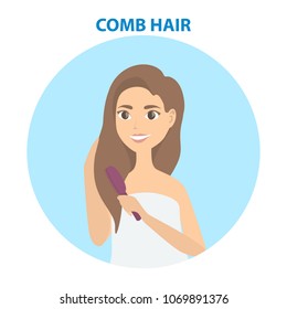 Hair care. Woman combing hair with comb.