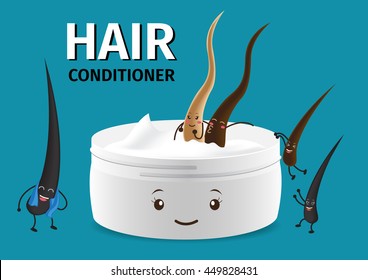 Hair Cartoon Character In Conditioner , Cream Foam Mousse Lotion , Vector