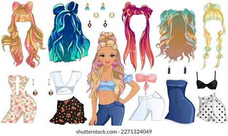 Hair Chalk Hairstyles Paper Doll. Vector Illustration - Shutterstock ID 2271324049