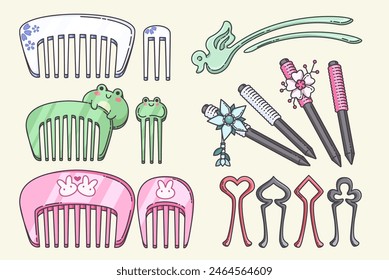 Hair clip accessory with flower. Head pin vector. Woman plastic comb equipment cartoon set. Girlish and feminine fancy grooming element for stylist with flog and bunny collection. Female beauty item