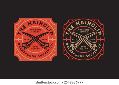 hair clip crossed barber tool retro badge logo design set for barbershop, salon, haircut, shaves, hairdressing, hipster, gentleman, beauty. classic hair cut barber equipment vintage emblem logo