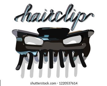 Hair clip is an indispensable thing for every girl. Realistic illustration of a clip of black hair with a volume inscription on top. For advertising sales of hair extensions. For beautiful haircuts.