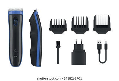 Recortadora de pelo con accesorios recortadora azul negro para cortar barbería eléctrica de corte de pelo conjunto de ilustración vectorial realista. Instrumento de peluquero dispositivo de afilado profesional de afeitado con afeitadora