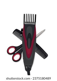 Hair clipper, comb and scissors top view. Vector illustration design