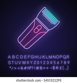 Hair clipper neon light icon. Electric hair trimmer. Haircutting machine. Professional man hairstyling. Hairdresser tool. Glowing sign with alphabet, numbers and symbols. Vector isolated illustration