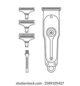 Hair clippers and accessories icon, including the main clipper unit with a power button and four attachment combs of varying sizes, perfect for versatile grooming and precise haircuts.