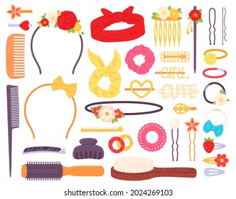 Hair clips with flowers and pearls, bow headband and hairpins. Fashion jewelry for hairstyle. Barrettes, pins and combs vector set. Illustration of clip beauty hairpin, hairdressing accessory