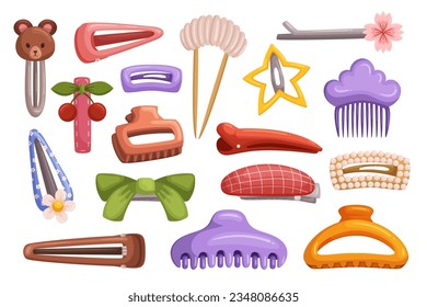 Hair Clips Isolated Set. Collection Of Stylish And Functional Hairpins for Girls and Women, Perfect For Holding Hair In Place And Adding A Touch Of Elegance To Hairstyle. Cartoon Vector Illustration