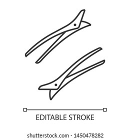 Hair clips linear icon. Hairpin. Bobby pins. Hair fixation, decoration. Woman hairdressing. Hairdresser tool. Thin line illustration. Contour symbol. Vector isolated outline drawing. Editable stroke