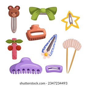 Hair Clips for Little Girls and Women. Accessories To Hold Hair In Place. Hairpins In Various Styles, Sizes, Materials, Adding A Practical And Stylish Touch To Hairstyles. Cartoon Vector Illustration