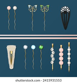 Cortadoras de pelo y alfileres de pelo con perlas y gemas verdes, azules y blancos. Elegantes y hermosos clips de pelo dorado con brillantes piedras de gema. Moda. Pines de pelo de mariposa. Ilustración vectorial realista