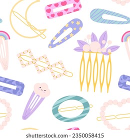 Hair clips and pins seamless pattern. Fashion plastic head accessories, decorative hairdressing element with beads and prints. Girly fashion racy vector design