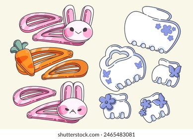 Haar-Clips auf dem Hintergrund isoliert gesetzt. Vektorgrafik-Cartoon-Illustration der Kinder-Frisur-Accessoires mit rosa Häschen, Orange Karotte, blaue Blume, Kindermode, trendige Styling-Dekoration verziert