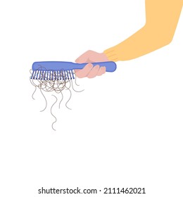 Hair clump stuck in the hairbrush. Excessive hair fall problem. Alopecia symptom concept. Cartoon vector illustration